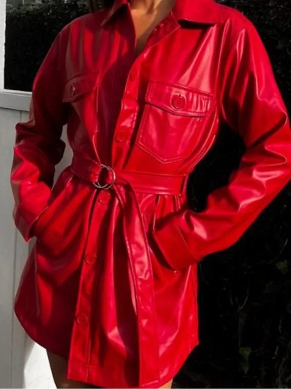 Black Label by Cest Toi - Unisex Red Faux Leather Belted Shirt Jacket